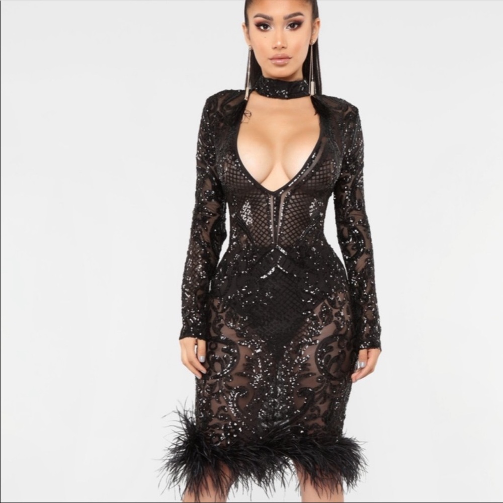 Black Sequin Feather Fashion Nova dress